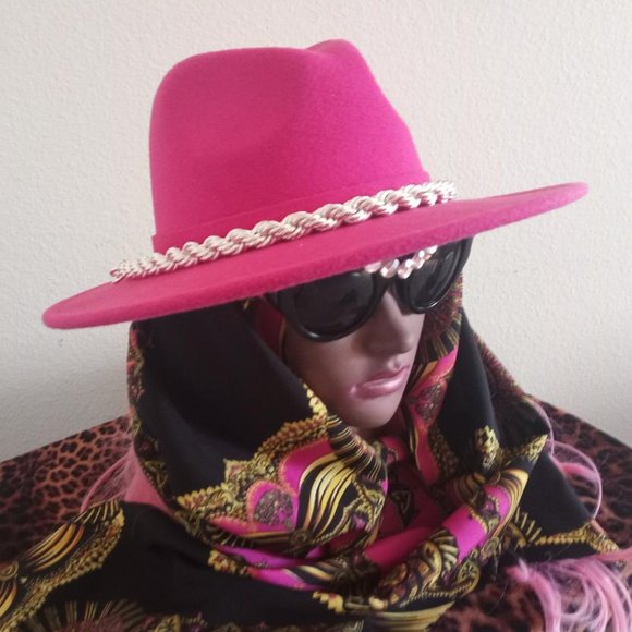 Pink Panama Hat With Silver Chain and Matching Scarf